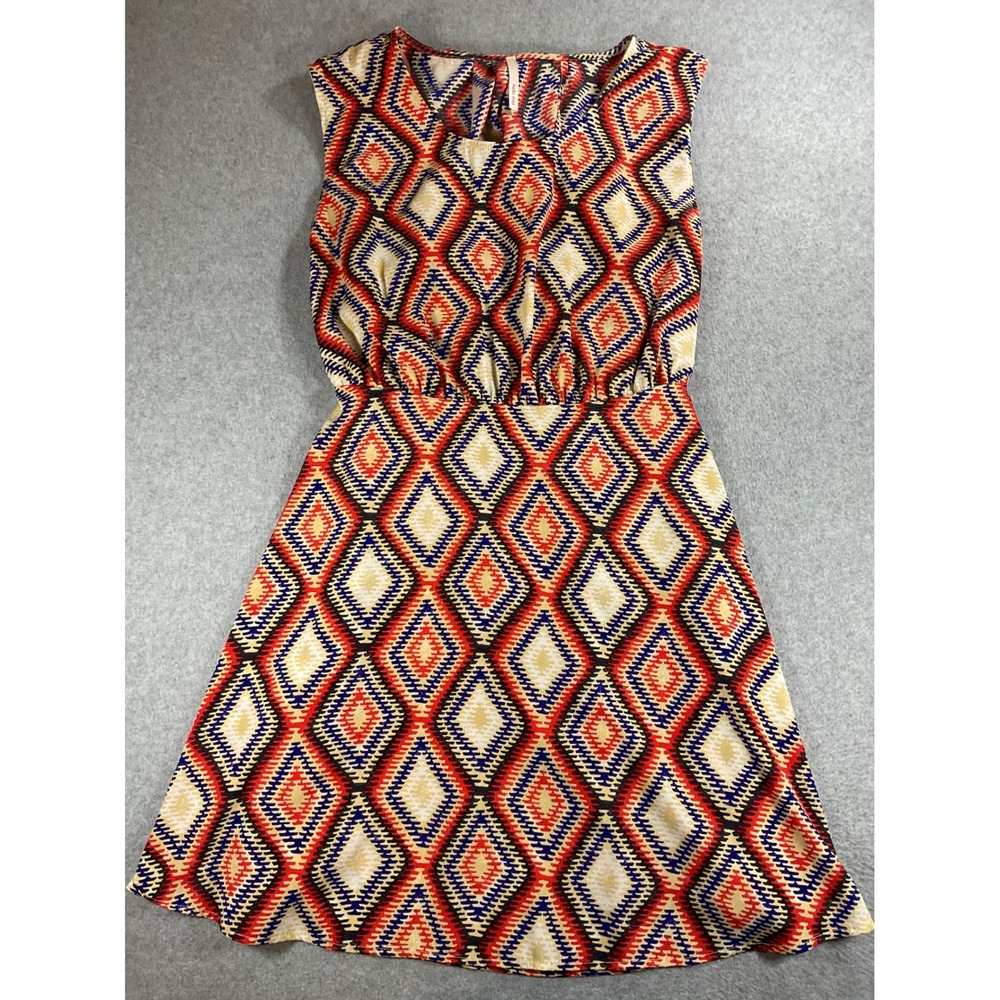 Hello Miss Geometric Diamond Print Open Back Fit & Flare Dress Large 1751